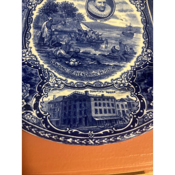 Staffordshire England Flow Blue Plate Landing Hendrick Hudson No 5 Ye Olde - Picture 4 of 7